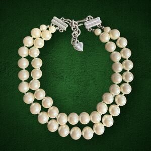 CAROLEE Double Strand Faux Pearl Necklace Silver Tone 14-16” Adjustable